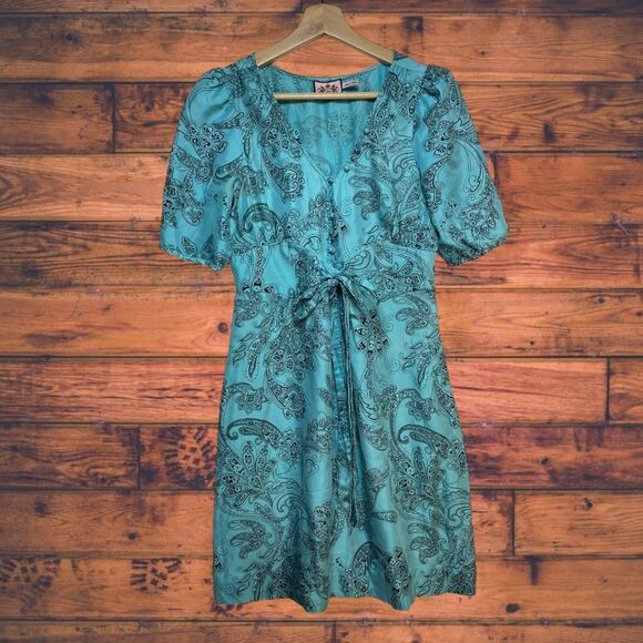 5 for $25🔥Juicy Couture Teal Paisley Half Button Front Dress Size 4 - Picture 1 of 8